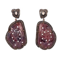 Victorian Jewelry, Silver Diamond Earring With Polki Diamond And Sapphire Stone Studded In 925 Sterling Silver Gold Plating. J-15