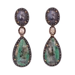 Beautiful Earring In 925 Sterling Silver With Natural Sapphire, Diamonds And Polki Diamonds Studded J-224