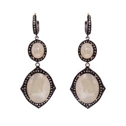 Victorian Jewelry, Silver Diamond Earring With Rose Cut Diamond And Sapphire Stone Studded In 925 Sterling Silver, Black Rhodium Plating. J-239