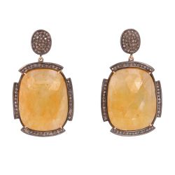 Victorian Jewelry, Silver Diamond Earring With Rose Cut Diamond And Yellow Sapphire Stone Studded In 925 Sterling Silver Gold Plating. J-270