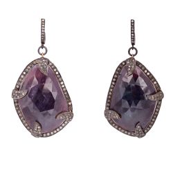 Victorian Jewelry, Silver Diamond Earring With Rose Cut Diamond And Sapphire Stone Studded In 925 Sterling Silver Gold Plating. J-276