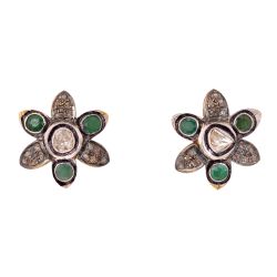 Victorian Jewelry, Silver Diamond Earring With Rose Cut Diamond And Polki Diamond, Emerald Stone In 925 Sterling Silver Gold Plating. J-386