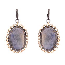 Victorian Jewelry, Silver Diamond Earring With Rose Cut Diamond And Sapphire Stone Studded In 925 Sterling Silver Gold And Black Rhodium Plated. j-45