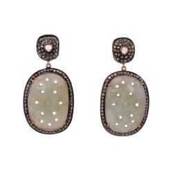 Victorian Jewelry, Silver Diamond Earring With Rose Cut Diamond, Polki Diamond And Sapphire Stone Studded In 925 Sterling Silver Gold Plating. J-487