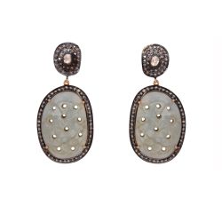 Victorian Jewelry, Silver Diamond Earring With Rose Cut Diamond And Polki Diamond, Sapphire Stone Studded In 925 Sterling Silver Gold Plating. J-490