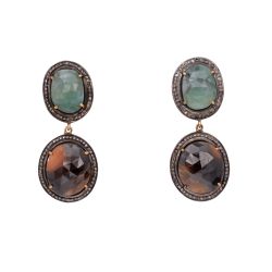 Victorian Jewelry, Silver Diamond Earring With Rose Cut Diamond And Sapphire Stone Studded In 925 Sterling Silver Gold Plating. J-491