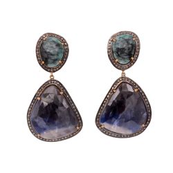 Victorian Jewelry, Silver Diamond Earring With Rose Cut Diamond And Multi Sapphire In 925 Sterling Silver Gold Plating. J-494