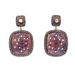 Victorian Jewelry, Silver Diamond Earring With Polki Diamond And Sapphire Stone Studded In 925 Sterling Silver Gold Plating. J-497