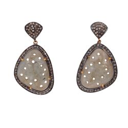 Victorian Jewelry, Silver Diamond Earring With Rose Cut Diamond And Sapphire Stone Studded In 925 Sterling Silver Gold Plating . J-503