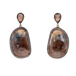 Victorian Jewelry, Silver Diamond Earring With Rose Cut Diamond And Sapphire Stone Studded In 925 Sterling Silver Gold Plating. J-526