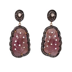 Victorian Jewelry, Silver Diamond Earring With Polki Diamond And Carving Sapphire Stone Studded In 925 Sterling Silver Gold Plating. J-530