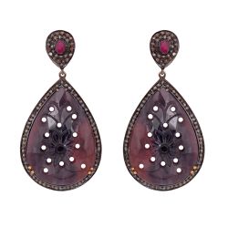 Victorian Jewelry, Silver Diamond Earring With Rose Cut Diamond And Sapphire Stone Studded In 925 Sterling Silver Gold Plating. J-63