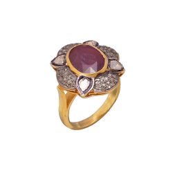 Victorian Jewelry, Silver Diamond Ring With Rose Cut Diamond And Ruby Stone Studded In 925 Sterling Silver Gold, Black Rhodium Plating. J-675