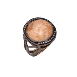 Victorian Jewelry, Silver Diamond Ring With Rose Cut Diamond And Coral Stone Studded In 925 Sterling Silver Black Rhodium Plating. J-676