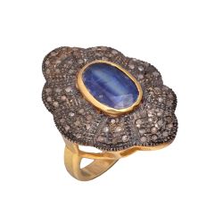 Victorian Jewelry, Silver Diamond Ring With Rose Cut Diamond And Kyanite Stone Studded In 925 Sterling Silver Gold, Black Rhodium Plating. J-678