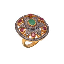 Victorian Jewelry, Silver Diamond Ring With Rose Cut Diamond, Emerald And Ruby Stone Studded In 925 Sterling Silver Gold, Black Rhodium Plating. J-684