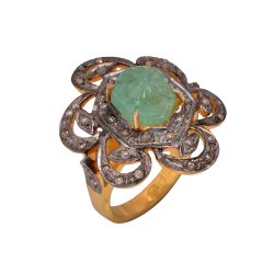 Victorian Jewelry, Silver Diamond Ring With Rose Cut Diamond, Polki Diamond, And Kyanite Stone Studded In 925 Sterling Silver Gold, Black Rhodium Plating. J-696