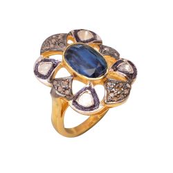 Victorian Jewelry, Silver Diamond Ring With Rose Cut Diamond, Polki Diamond, And Kyanite Stone Studded In 925 Sterling Silver Gold, Black Rhodium Plating. J-706