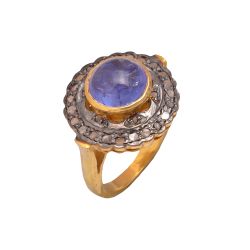 Victorian Jewelry, Silver Diamond Ring With Tanzanite Stone Studded In 925 Sterling Silver Gold, Black Rhodium Plating. J-708