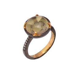 Victorian Jewelry, Silver Diamond Ring With Rose Cut Diamond And Green Quartz Studded In 925 Sterling Silver Black Rhodium Plating. J-704