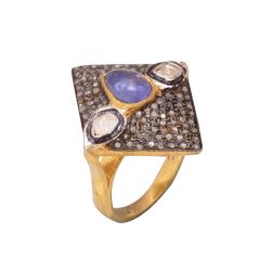 Victorian Jewelry, Silver Diamond Ring With Rose Cut Diamond, And Polki Diamond,  Tanzanite Stone Studded In 925 Sterling Silver Gold, Black Rhodium Plating. J-715
