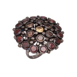 Victorian Jewelry, Silver Diamond Ring With Rose Cut Diamond And Garnet, Citrine, Smoky Stone Studded In 925 Sterling Silver Black Rhodium Plating. J-722