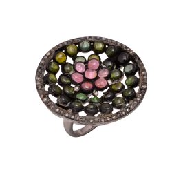 Victorian Jewelry, Silver Diamond Ring With Rose Cut Diamond And Multi Tourmaline Stone Studded In 925 Sterling Silver Black Rhodium Plating. J-723