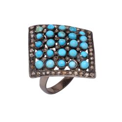 Victorian Jewelry, Silver Diamond Ring With Rose Cut Diamond And Turquoise Stone Studded In 925 Sterling Silver Black Rhodium Plating. J-726