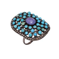 Victorian Jewelry, Silver Diamond Ring With Rose Cut Diamond, Turquoise And Tanzanite Studded In 925 Sterling Silver Black Rhodium Plating. J-727