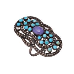 Victorian Jewelry, Silver Diamond Ring With Rose Cut Diamond, Turquoise And Tanzanite Stone Studded In 925 Sterling Silver Black Rhodium Plating. J-742