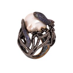 Victorian Jewelry, Silver Diamond Ring With Rose Cut Diamond And Pearl Stone Studded In 925 Sterling Silver Black Rhodium Plating. J-745