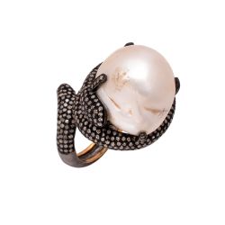 Victorian Jewelry, Silver Diamond Ring With Rose Cut Diamond And Pearl Stone Studded In 925 Sterling Silver Black Rhodium Plating. J-747