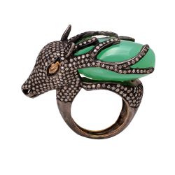 Victorian Jewelry, Silver Diamond Ring With Rose Cut Diamond, And Coral Stone Studded In 925 Sterling Silver Black Rhodium Plating. J-750