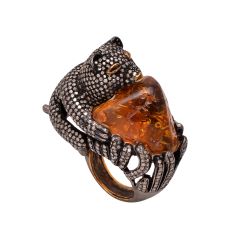 Victorian Jewelry, Silver Diamond Ring With Rose Cut Diamond, And Amber In 925 Sterling Silver, Black Rhodium Plating. J-753