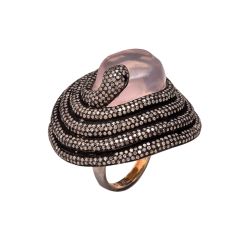 Victorian Jewelry, Silver Diamond Ring With Rose Cut Diamond, Rose Quartz Stone Studded In 925 Sterling Silver, Black Rhodium Plating. J-757