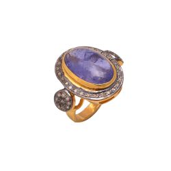 Victorian Jewelry, Silver Diamond Ring With Rose Cut Diamond And Tanzanite  Stone Studded In 925 Sterling Silver Gold, Black Rhodium Plating. J-768