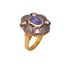Victorian Jewelry, Silver Diamond Ring With Rose Cut Diamond And Polki Diamond, Tanzanite Stone Studded In 925 Sterling Silver Gold, Black Rhodium Plating. J-770