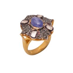 Victorian Jewelry, Silver Diamond Ring With Rose Cut Diamond And Polki Diamond Tanzanite Stone Studded In 925 Sterling Silver Gold, Black Rhodium Plating. J-774