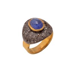 Victorian Jewelry, Silver Diamond Ring With Rose Cut Diamond And Tanzanite Stone Studded In 925 Sterling Silver Gold, Black Rhodium Plating. J-775
