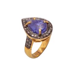 Victorian Jewelry, Silver Diamond Ring With Rose Cut Diamond And Tanzanite Stone Studded In 925 Sterling Silver Gold, Black Rhodium Plating, J-776