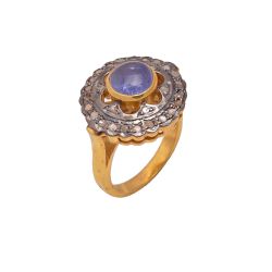 Victorian Jewelry, Silver Diamond Ring With Rose Cut Diamond And Tanzanite Stone Studded In 925 Sterling Silver Gold, Black Rhodium Plating. J-777