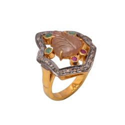 Victorian Jewelry, Silver Diamond Ring With Rose Cut Diamond, Multi Tourmaline, Ruby, Emerald Stone Studded In 925 Sterling Silver, Gold Plating. J-797