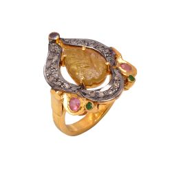 Victorian Jewelry, Silver Diamond Ring With Rose Cut Diamond, Tourmaline, Ruby And Emerald Stone Studded In 925 Sterling Silver Gold, Black Rhodium Plating. J-801