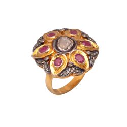 Victorian Jewelry, Silver Diamond Ring With Rose Cut Diamond Polki Diamond And Ruby Stone Studded In 925 Sterling Silver Gold, Rhodium Plating. J-804