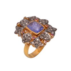 Victorian Jewelry, Silver Diamond Ring With Rose Cut Diamond And Tanzanite Stone Studded In 925 Sterling Silver Gold, Black Rhodium Plating. j-808