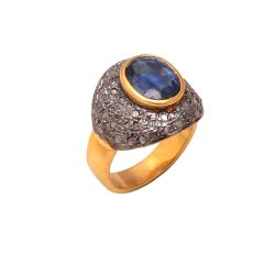 Victorian Jewelry, Silver Diamond Ring With Rose Cut Diamond, And Kyanite Stone Studded In 925 Sterling Silver Gold, Black Rhodium Plating. J-853