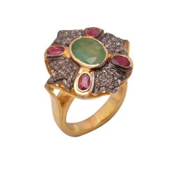 Victorian Jewelry, Silver Diamond Ring With Rose Cut Diamond And Ruby, Emerald Stone Studded  In 925 Sterling Silver Gold, Black Rhodium Plating. J-856