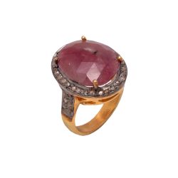 Victorian Jewelry, Silver Diamond Ring With Rose Cut Diamond,  And Sapphire Stone Studded In 925 Sterling Silver Gold, Black Rhodium Plating. J-862