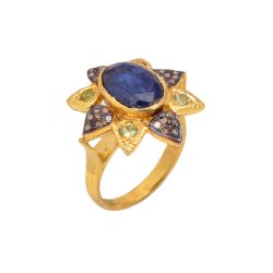 Victorian Jewelry, Silver Diamond Ring With Rose Cut Diamond, And Kyanite, Peridot Stone Studded In 925 Sterling Silver Gold, Black Rhodium Plating. J-866