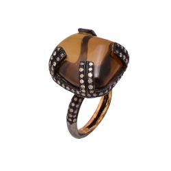 Victorian Jewelry, Silver Diamond Ring With Rose Cut Diamond And Lemon Quartz Studded In 925 Sterling Silver Black Rhodium Plating. J-875